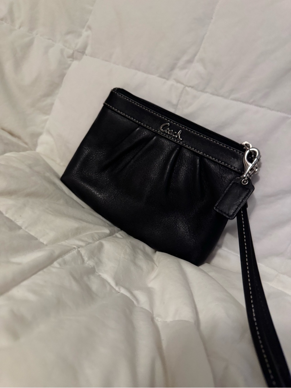 Coach Black Leather Wristlet with Silver Hardware